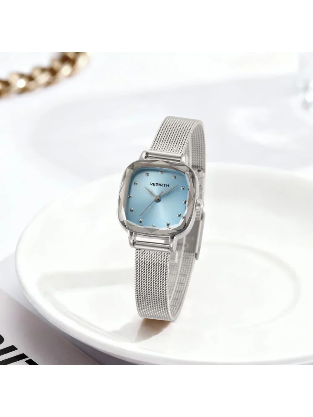 Women's Silver Blue Square Minimalist Dial Mesh Band Crystal Case Wrist Watch